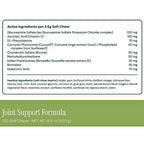 A supplement facts panel for Joint Support Formula soft chews, showing active ingredients and claims text on a white background with a green band at the bottom.