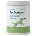 A white plastic tub of PetDomain Joint Support Formula for dogs and cats, featuring a green dog silhouette on the label.