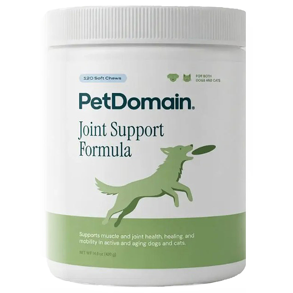 A white plastic tub of PetDomain Joint Support Formula for dogs and cats, featuring a green dog silhouette on the label.