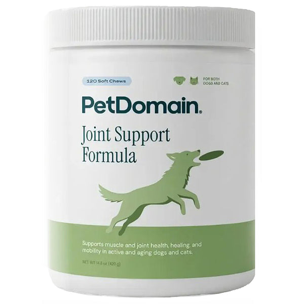 A white plastic tub of PetDomain Joint Support Formula for dogs and cats, featuring a green dog silhouette on the label.