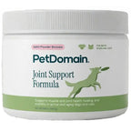 A white plastic jar of PetDomain Joint Support Formula with a white screw-top lid, featuring a green dog graphic and text on the label.