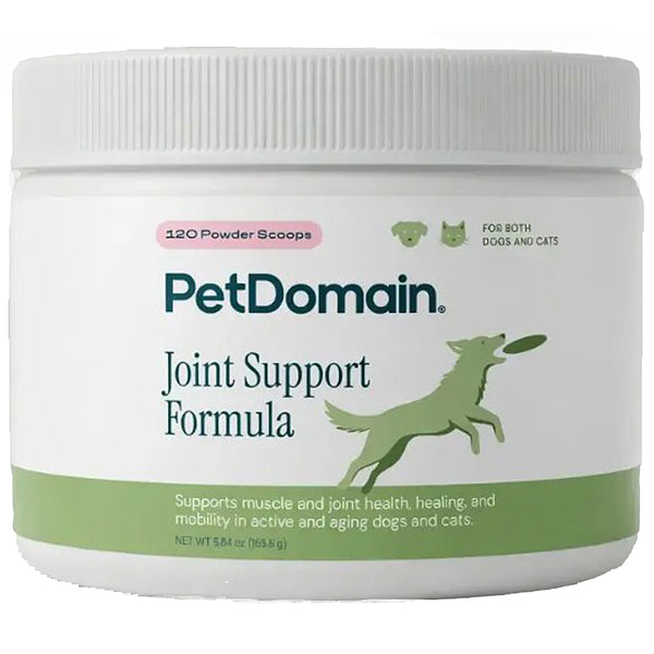 A white plastic jar of PetDomain Joint Support Formula with a white screw-top lid, featuring a green dog graphic and text on the label.