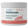 A white plastic tub of PetDomain Kidney Support Formula soft chews for dogs and cats, featuring a pink dog silhouette on the label.