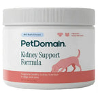 A white plastic tub of PetDomain Kidney Support Formula soft chews for dogs and cats, featuring a pink dog silhouette on the label.