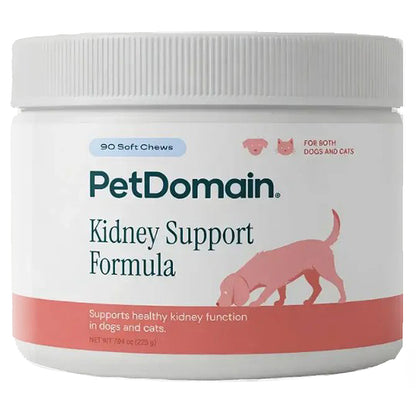 A white plastic tub of PetDomain Kidney Support Formula soft chews for dogs and cats, featuring a pink dog silhouette on the label.