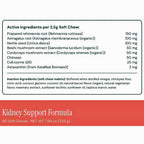 A supplement facts label for Kidney Support Formula soft chews, showing active ingredients per 2.5g chew with amounts listed for prepared rehmannia root, astragalus root, nettle seed, reishi mushroom extract, cordyceps mushroom extract, chitosan, CoEnzyme Q10, and astaxanthin.