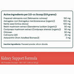 A supplement facts panel for Kidney Support Formula showing active ingredients per 2.0-cc scoop (0.