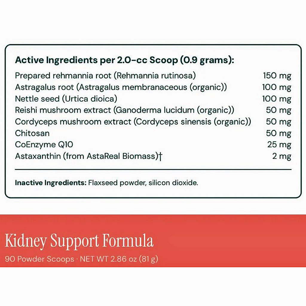 A supplement facts panel for Kidney Support Formula showing active ingredients per 2.0-cc scoop (0.