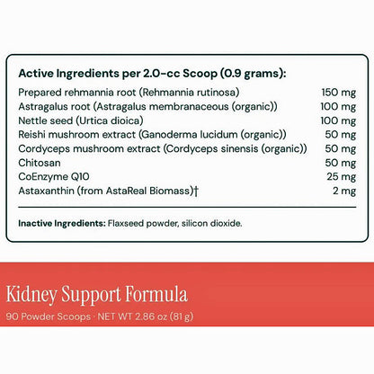 A supplement facts panel for Kidney Support Formula showing active ingredients per 2.0-cc scoop (0.