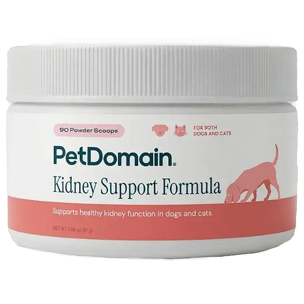 A white plastic tub of PetDomain Kidney Support Formula with a white ribbed lid, featuring a label with pink and teal text and graphics on a white background.