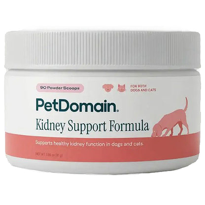 A white plastic tub of PetDomain Kidney Support Formula with a white ribbed lid, featuring a label with pink and teal text and graphics on a white background.