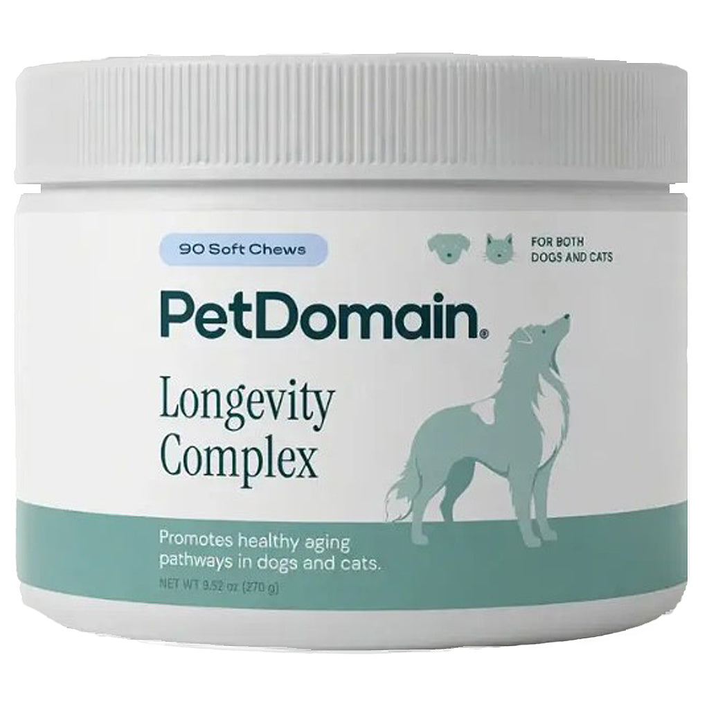 A white plastic tub of PetDomain Longevity Complex dog supplement with a ribbed white lid, featuring a teal dog silhouette and text on a clean white background.
