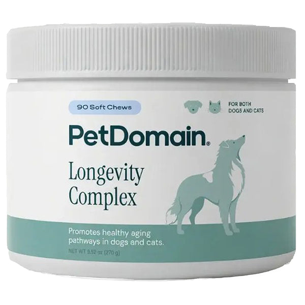 A white plastic tub of PetDomain Longevity Complex dog supplement with a ribbed white lid, featuring a teal dog silhouette and text on a clean white background.