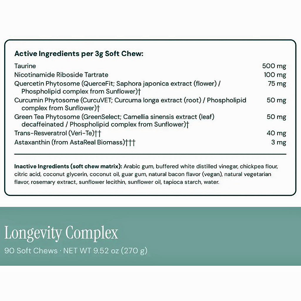 A supplement label for Longevity Complex Soft Chews showing active ingredients per 3g chew, including Taurine, Nicotinamide Riboside Tartrate, Quercetin Phytosome, Curcumin Phytosome, Green Tea Phytosome, Trans-Resveratrol, and Astaxanthin, with a teal band at the bottom reading Longevity Complex and 90 Soft Chews.