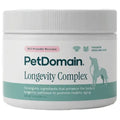 A white plastic jar of PetDomain Longevity Complex supplement powder, featuring a white lid and a label with teal and pink accents, on a white background.
