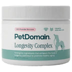 A white plastic jar of PetDomain Longevity Complex supplement powder, featuring a white lid and a label with teal and pink accents, on a white background.