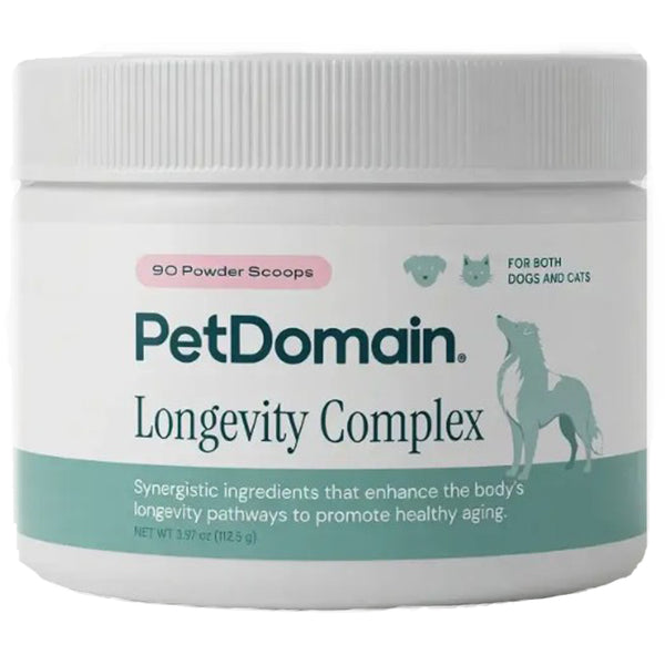 A white plastic jar of PetDomain Longevity Complex supplement powder, featuring a white lid and a label with teal and pink accents, on a white background.