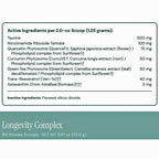 A supplement facts panel for Longevity Complex powder, showing active ingredients per 2.0-cc scoop (1.