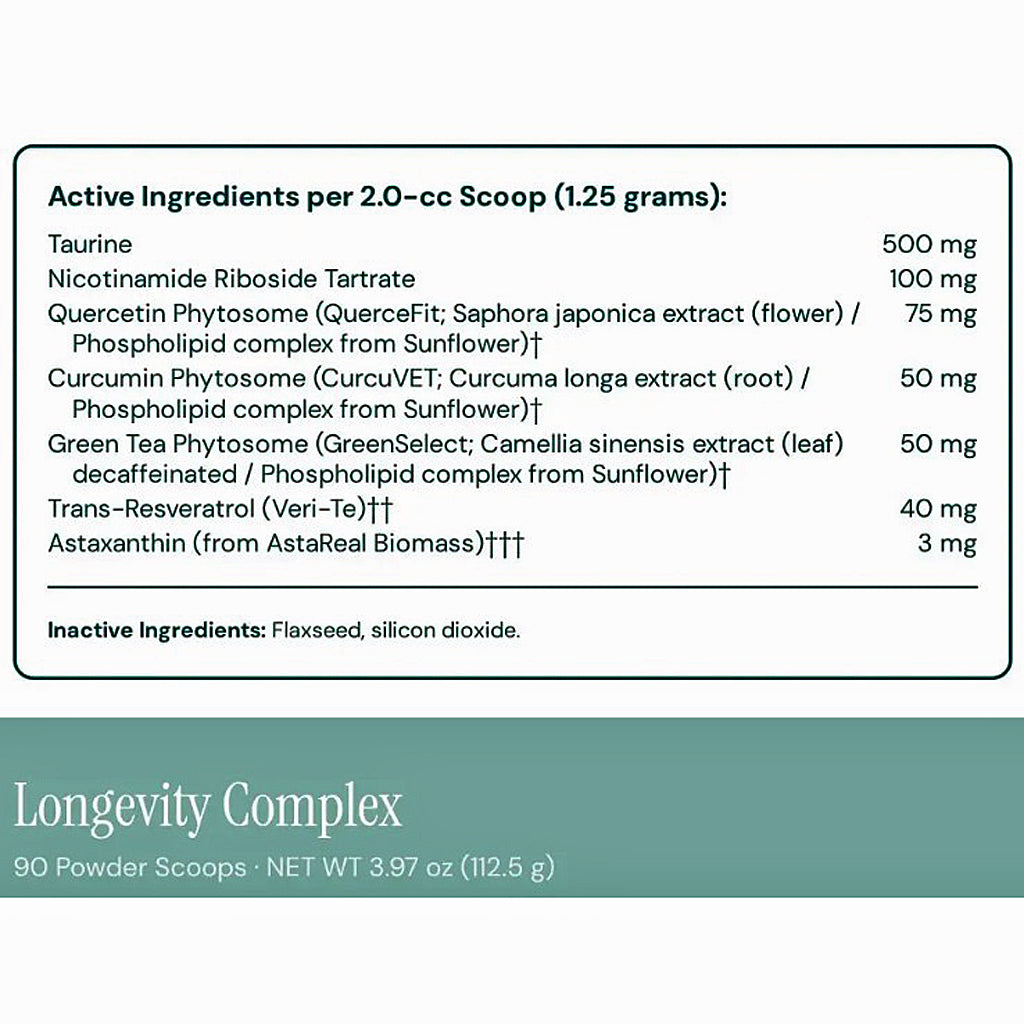 A supplement facts panel for Longevity Complex powder, showing active ingredients per 2.0-cc scoop (1.