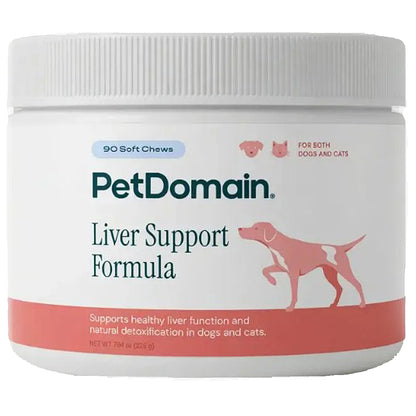 A white plastic jar of PetDomain Liver Support Formula for dogs and cats, featuring a white lid and a label with teal and coral pink text and graphics.