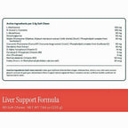 A supplement label card for Liver Support Formula showing a list of active ingredients per 2.5g soft chew and a list of inactive ingredients, with a red footer stating 90 Soft chews, NET WT 7.