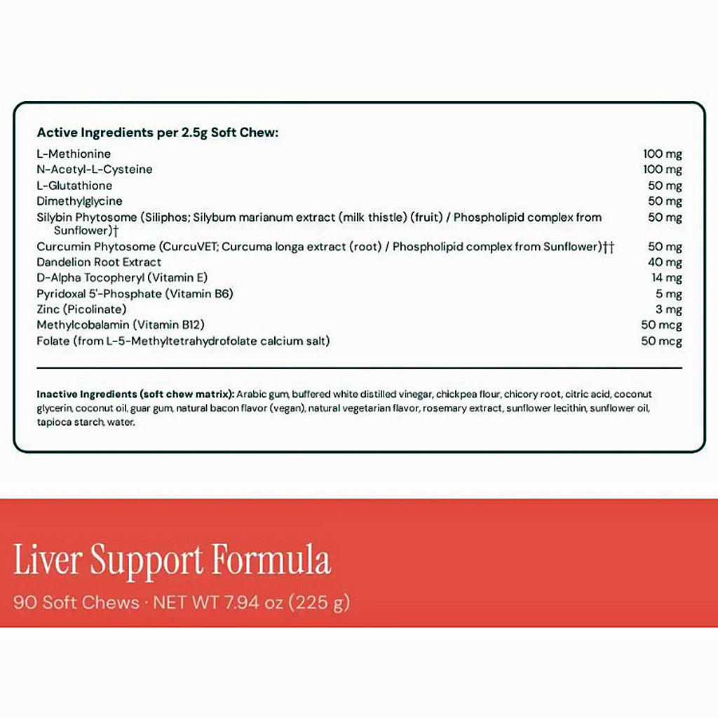 A supplement label card for Liver Support Formula showing a list of active ingredients per 2.5g soft chew and a list of inactive ingredients, with a red footer stating 90 Soft chews, NET WT 7.