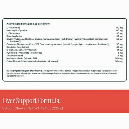 A supplement label card for Liver Support Formula showing a list of active ingredients per 2.5g soft chew and a list of inactive ingredients, with a red footer stating 90 Soft chews, NET WT 7.