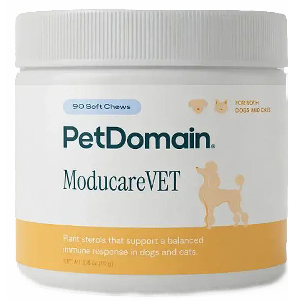 A white plastic jar of PetDomain ModucareVET soft chews for dogs and cats, featuring a white lid and a label with teal and orange text and graphics.