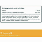 A product information panel for ModucareVET Soft Chew tablets, showing active ingredients (Sterols 20 mg, Sterolins 200 mcg) and inactive ingredients on a white background with an orange footer bar containing product weight details.