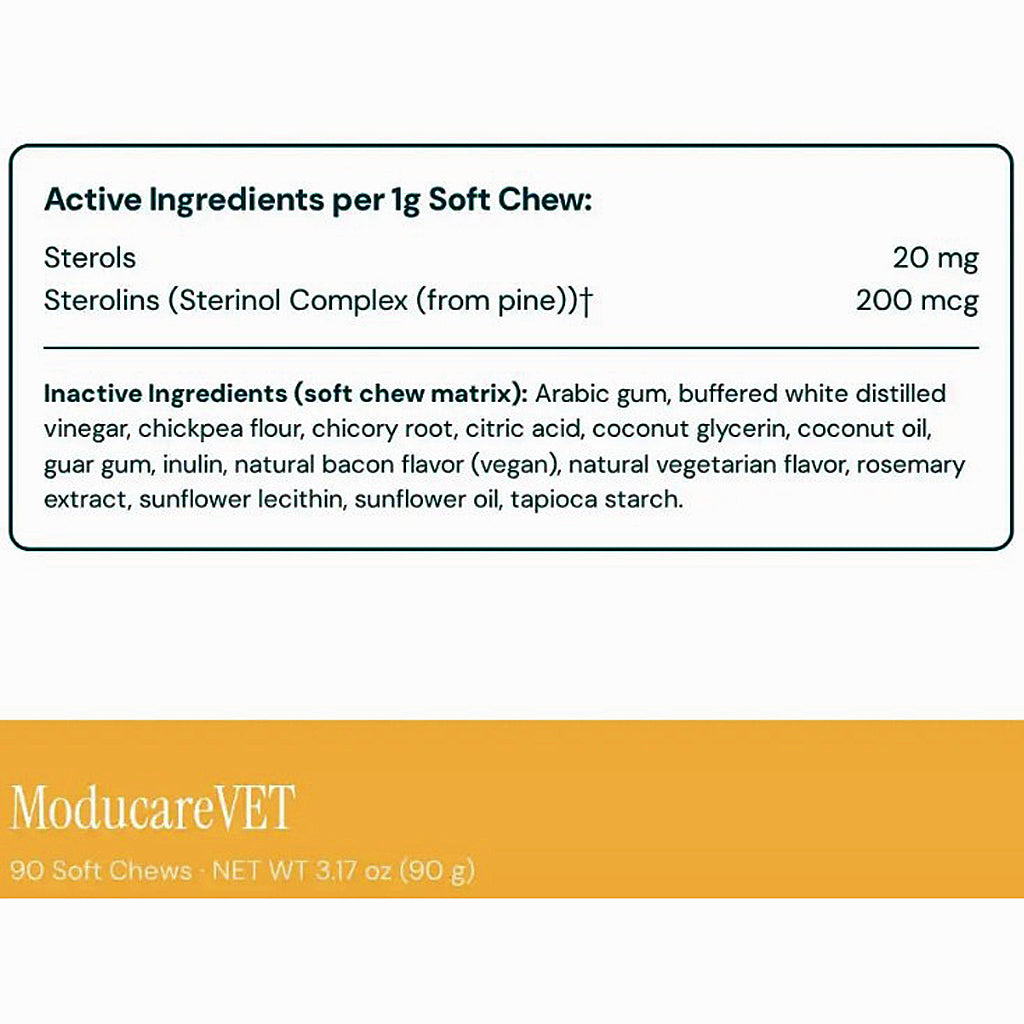 A product information panel for ModucareVET Soft Chew tablets, showing active ingredients (Sterols 20 mg, Sterolins 200 mcg) and inactive ingredients on a white background with an orange footer bar containing product weight details.