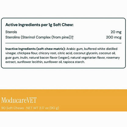 A product information panel for ModucareVET Soft Chew tablets, showing active ingredients (Sterols 20 mg, Sterolins 200 mcg) and inactive ingredients on a white background with an orange footer bar containing product weight details.