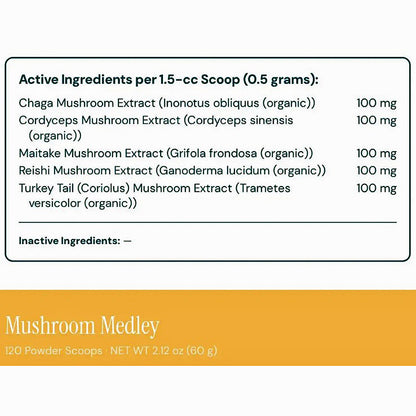 A supplement label panel for Mushroom Medley showing active ingredients per 1.5-cc scoop (0.