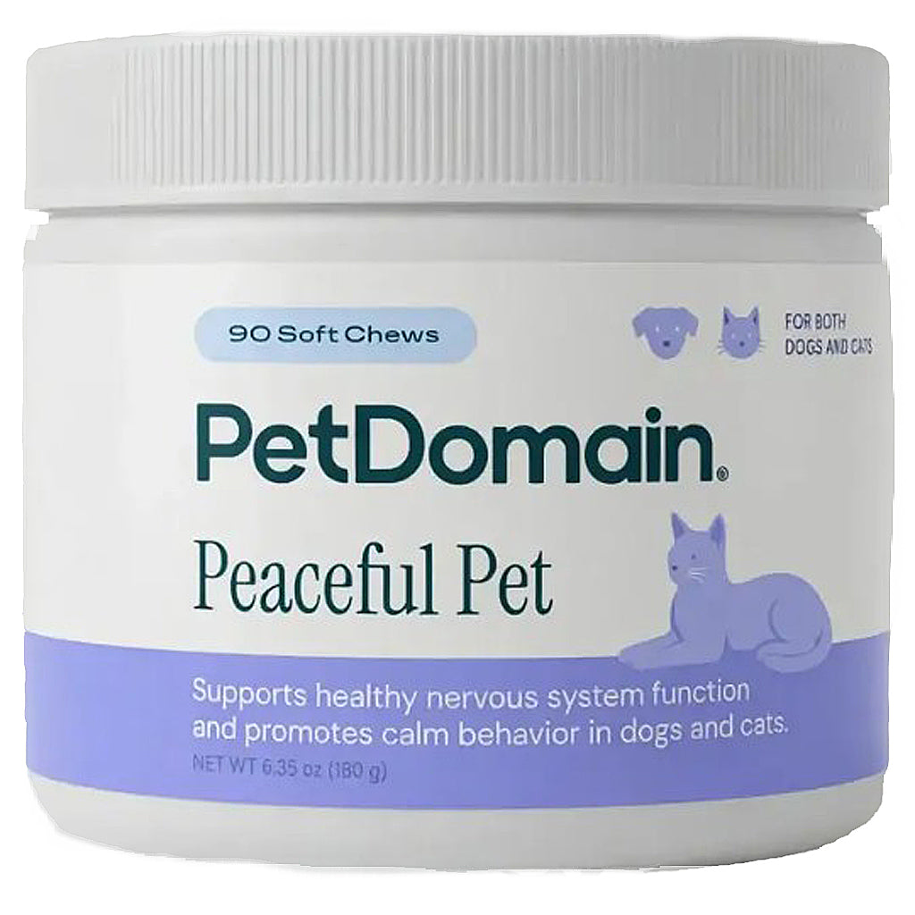A white plastic jar of PetDomain Peaceful Pet calming treats with a white ribbed lid, featuring a white label with purple and teal text and graphics.