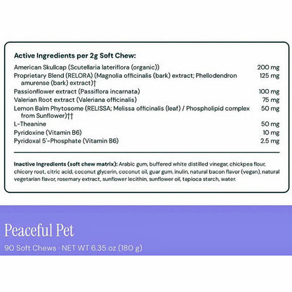 A product information panel for Peaceful Pet 90 Soft Chews, showing the active ingredients and inactive ingredients per 2g chew on a white background with a purple footer bar.