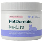 A white plastic jar of PetDomain Peaceful Pet supplement with a white ribbed lid, featuring a label with dark green text and a purple band at the bottom.