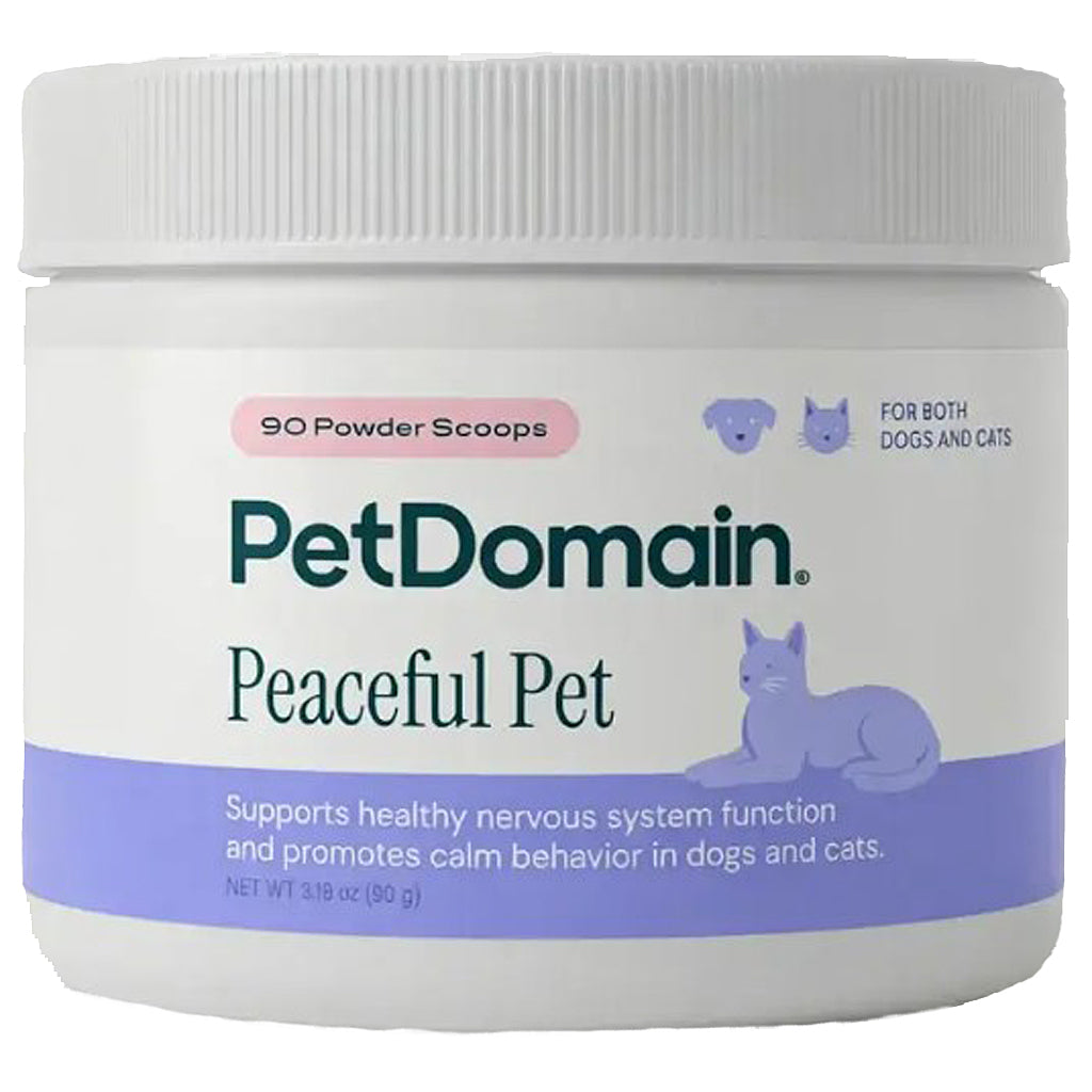 A white plastic jar of PetDomain Peaceful Pet supplement with a white ribbed lid, featuring a label with dark green text and a purple band at the bottom.