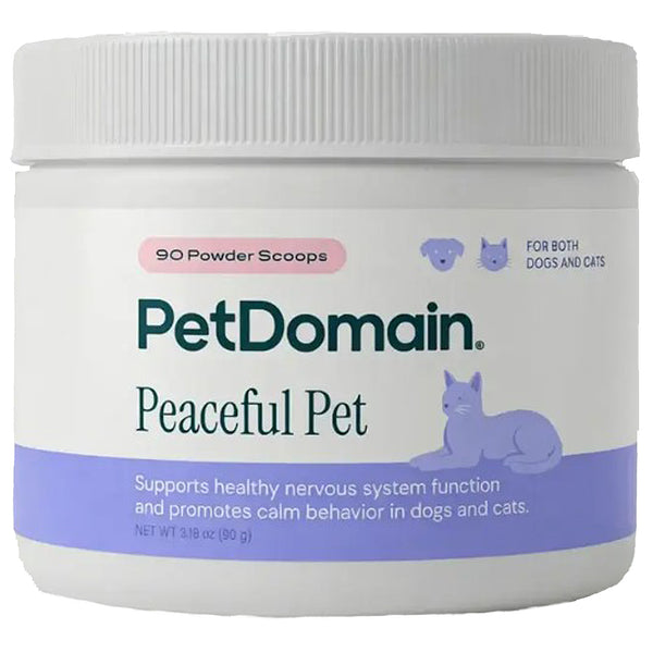 A white plastic jar of PetDomain Peaceful Pet supplement with a white ribbed lid, featuring a label with dark green text and a purple band at the bottom.
