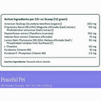 A product information panel for Peaceful Pet 90 Powder Scoops. The top section lists active ingredients per 2.
