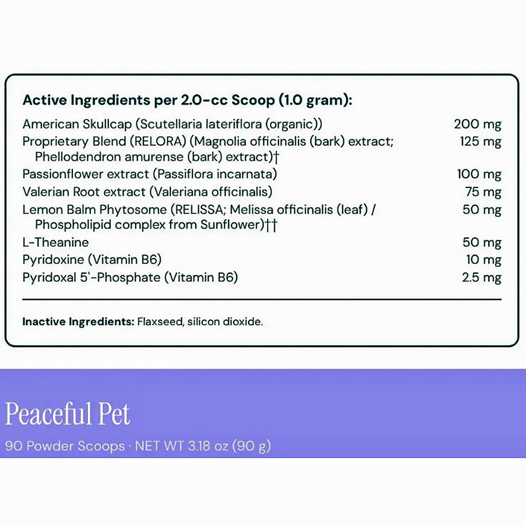 A product information panel for Peaceful Pet 90 Powder Scoops. The top section lists active ingredients per 2.
