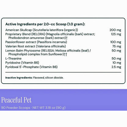 A product information panel for Peaceful Pet 90 Powder Scoops. The top section lists active ingredients per 2.