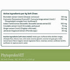 A supplement facts label for PhytoprofenVET Soft Chews, showing active ingredients per 4g chew in a table format with amounts listed for bromelain extract, curcumin phytosome, boswellia extract, corydalis extract, ginger extract, and jackalope dogwood extract. The top section is white with black text, and the bottom section is a solid olive green band with white text reading 'PhytoprofenVET Soft Chews 60 Soft Chews NET WT 8.