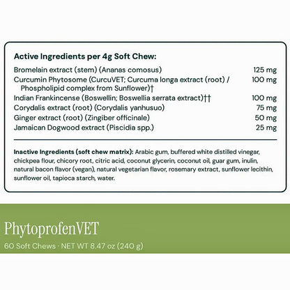 A supplement facts label for PhytoprofenVET Soft Chews, showing active ingredients per 4g chew in a table format with amounts listed for bromelain extract, curcumin phytosome, boswellia extract, corydalis extract, ginger extract, and jackalope dogwood extract. The top section is white with black text, and the bottom section is a solid olive green band with white text reading 'PhytoprofenVET Soft Chews 60 Soft Chews NET WT 8.