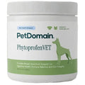 A white plastic jar of PetDomain PhytoprofenVET soft chews for dogs and cats, featuring a green dog silhouette on the label.