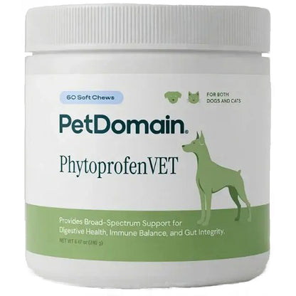 A white plastic jar of PetDomain PhytoprofenVET soft chews for dogs and cats, featuring a green dog silhouette on the label.