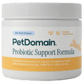 A white plastic jar of PetDomain Probiotic Support Formula with a ribbed white lid, featuring a label with blue and orange text and small dog and cat illustrations.