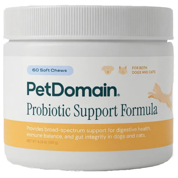 A white plastic jar of PetDomain Probiotic Support Formula with a ribbed white lid, featuring a label with blue and orange text and small dog and cat illustrations.