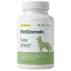 A white bottle of PetDomain Super EPAVET capsules for dogs and cats, featuring a green dog silhouette on the label against a white background.