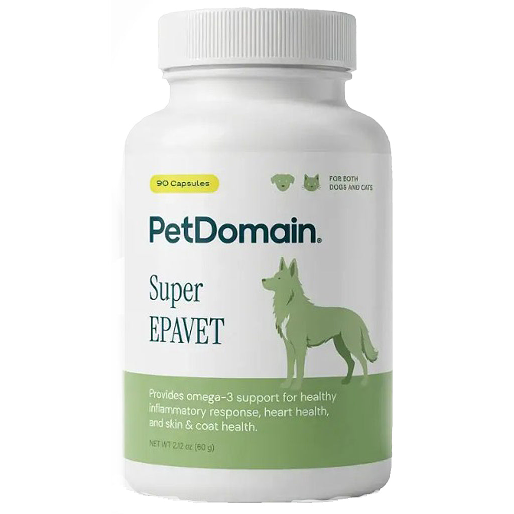 A white bottle of PetDomain Super EPAVET capsules for dogs and cats, featuring a green dog silhouette on the label against a white background.