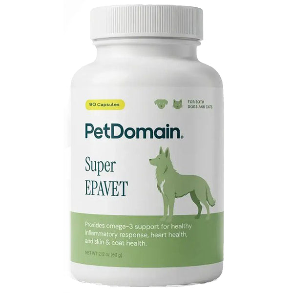 A white bottle of PetDomain Super EPAVET capsules for dogs and cats, featuring a green dog silhouette on the label against a white background.