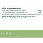 A product information panel showing the active ingredients per Gelcap, including EPA and DHA from fish oil, along with inactive ingredients and package details for Super EPAVET capsules.